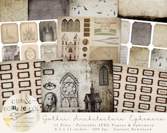 Gothic Architecture Ephemera Printable Junk Journal Coordinating Kit, Vintage Inspired Papers & Fussy Cuts for Collage Art, Art Books, etc.