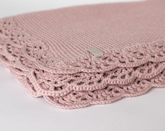 Vintage pink merino wool and cotton blend baby blanket with a crochet lace, baby gift