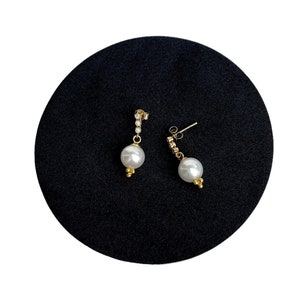 9mm Japanese Akoya Pearl Dangle Stud Earrings | Gold Vermeil CZ stones