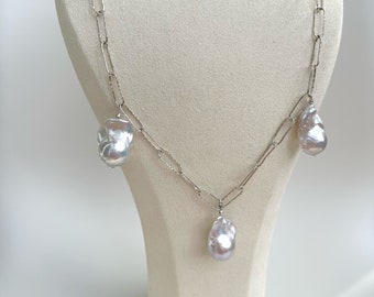 Hammered Silver Link Chain Necklace | Three Large Baroque Pearls