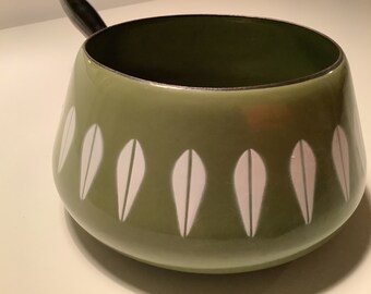 Cathrineholm of Norway Lotus Design Pot Fondue Topf Vintage Emaille Stielkasserolle Midcentury 60er/70er grün olivgrün