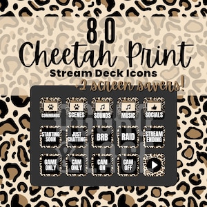 Könnte beinhalten: 80 Stream Deck-Icons im Gepardenmuster und 2 Bildschirmschoner. Die Icons zeigen verschiedene Designs, darunter Pfotenabdrücke, Noten und Daumen hoch. Die Bildschirmschoner sind ein Gepardenmuster.