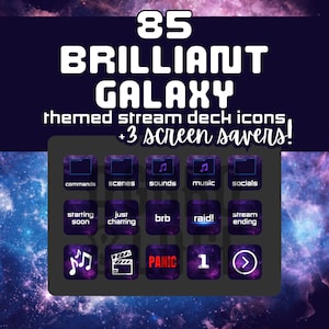 Könnte beinhalten: 85 Galaxy-gestaltete Stream-Deck-Icons und 3 Bildschirmschoner. Die Icons sind lila und schwarz mit weißem Text. Die Bildschirmschoner sind lila und schwarz mit weißem Text. Die Icons beinhalten Befehle, Szenen, Sounds, Musik, Social Media, Start bald, nur Chatten, brb, Raid, Stream-Ende, Panik und 1.