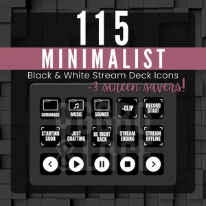 Puede incluir: Un conjunto de 115 iconos minimalistas de cubierta de transmisión en blanco y negro con +3 protectores de pantalla. Los iconos incluyen comandos, música, sonidos, +clip, iniciar grabación, comenzar pronto, solo chateando, volver enseguida, finalizar transmisión y transmisión fuera de línea. También hay iconos para reproducir, pausar, detener y siguiente.