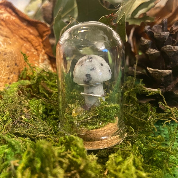 Tiny Terrariums - Stone Crystal Mushroom with Sterling Silver in Enclosed Glass Dome