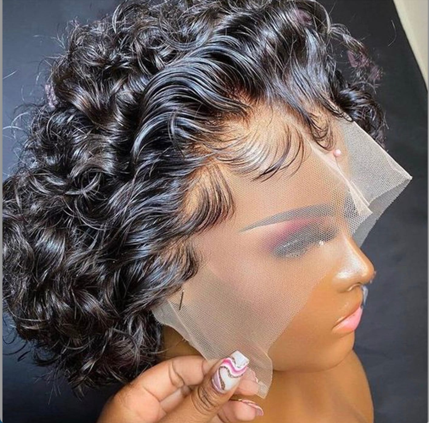 Perruque Afro Noir Naturelle 100% Cheveux Humains A Frange Bouclée Wig 35cm