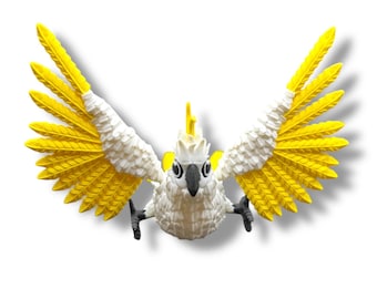 3D Printed Articulated Cockatoo- movable wings, legs and tail. Great desk decoration or perfect gift for parrot lovers!