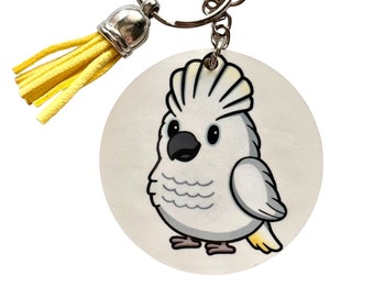 Cute Cockatoo Keychain- 2 inch double sided umbrella cockatoo keychain. Perfect for parrot lovers!