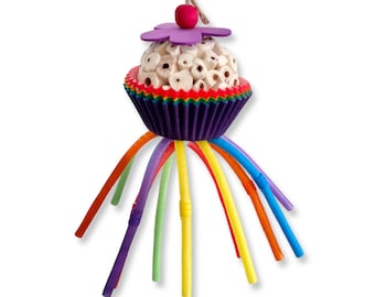 Cupcake Fun Bird/Parrot Toy- spiraled straws, cupcake liners, sola atta ball, wooden bead, foam flower