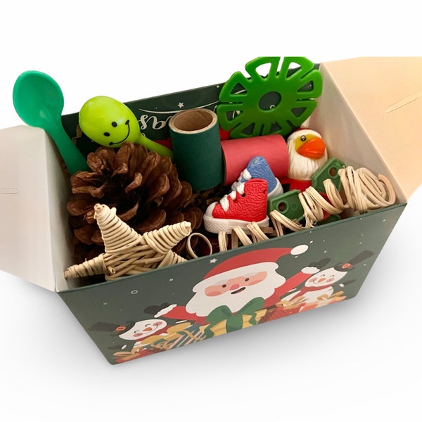 Christmas Foraging Box for Birds/Parrots and other small pets- full of many colors, textures and fun toys for small pets and birds!