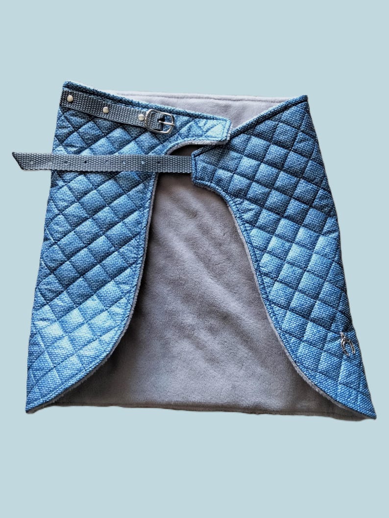 May include: A blue quilted dog vest with a gray fleece lining and a buckle closure.