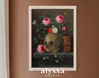 Digital Printable Vintage Art Painting of a Skull with Roses | Dark and Moody Aesthetic Antique Prints Decor DIGITAL DOWNLOAD | BD-39