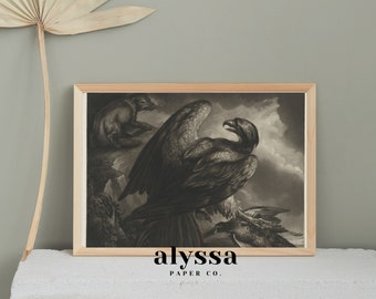 Digital Printable Vintage Art Painting of an Eagle and a Fox | Dark and Moody Aesthetic Antique Prints Decor DIGITAL DOWNLOAD | BD-44