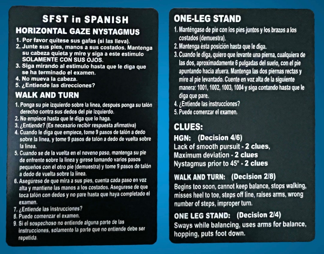 Spanish only sfst standardized field sobriety test on thick metal