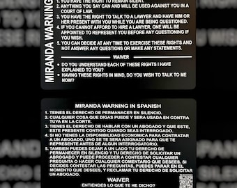 MIRANDA Warning on thick Metal Business Card - Laser Engraved - Customized