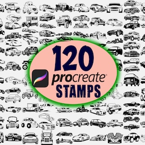 May include: A digital collection of 120 Procreate stamps showcasing black and white car illustrations. The image displays diverse car designs, from vintage to contemporary, with the Procreate logo and the text "120 Procreate STAMPS".