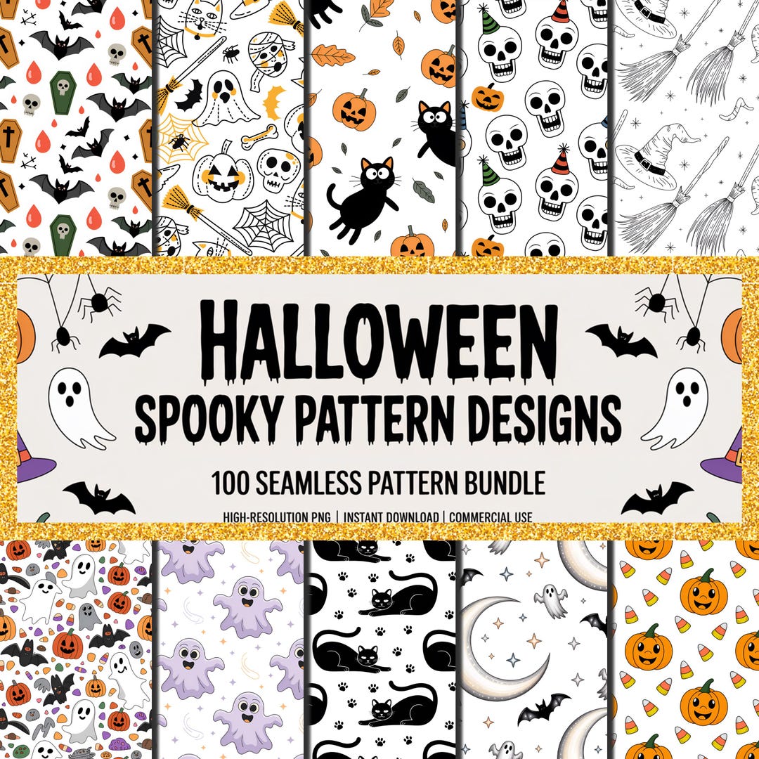 100 Vintage Halloween Digital Paper Pack: Seamless Spooky Designs (PNG ...