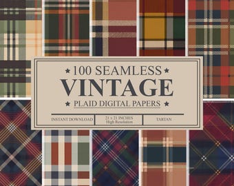 100 Vintage Plaid Digital Papers: Seamless Buffalo Tartan (PNG)