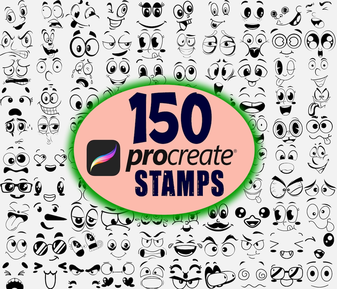 150 Cartoon Emotion Faces Procreate Stamps, Kawaii Face Procreate, Cute