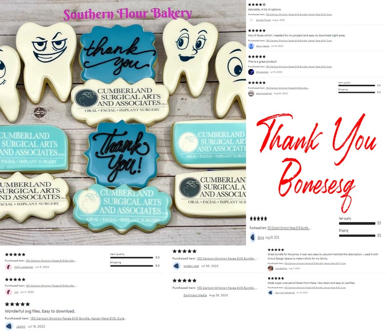 Peut inclure: Un ensemble de 10 mod&egrave;les de d&eacute;coupoirs &agrave; biscuits num&eacute;riques repr&eacute;sentant diff&eacute;rentes formes de dents et le texte "Cumberland Surgical Arts and Associates" dans un sch&eacute;ma de couleurs bleu sarcelle et blanc. Les motifs sont parfaits pour cr&eacute;er des biscuits personnalis&eacute;s pour les dentistes, les orthodontistes ou tous ceux qui aiment les dents.