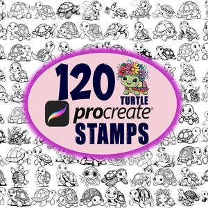 May include: A set of 120 black and white turtle stamps for Procreate. The stamps feature various turtle designs, including turtles with flowers, turtles with hats, and turtles with different expressions. The stamps are perfect for adding a touch of whimsy to your digital art.
