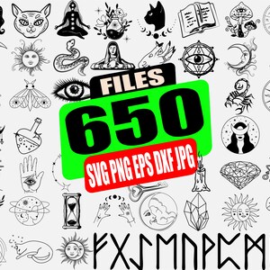 Puede incluir: Una colección de 650 ilustraciones en blanco y negro con símbolos místicos y ocultos, incluyendo lunas, estrellas, ojos, manos, cristales y runas. Las ilustraciones son perfectas para proyectos de manualidades, scrapbooking y diseño digital.