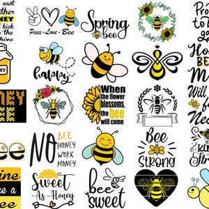 Op de afbeelding: Een verzameling bijen-themaontwerpen met verschillende zinnen en afbeeldingen. Sommige van de zinnen zijn "Honey Bee", "Peace Love Bee", "Spring Bee", "Bee Strong", "Sweet as Honey" en "Bee Kind Bee Strong". De ontwerpen zijn in zwart, geel en wit.