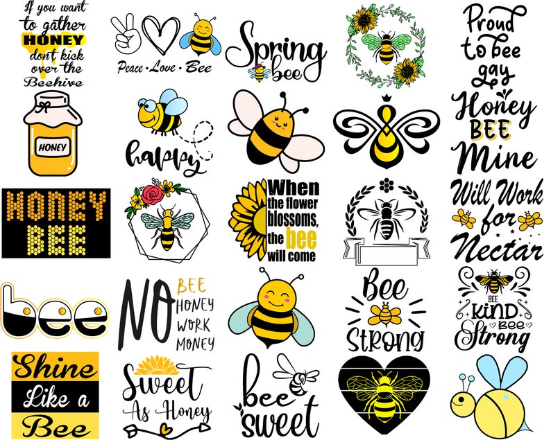 Op de afbeelding: Een verzameling bijen-themaontwerpen met verschillende zinnen en afbeeldingen. Sommige van de zinnen zijn "Honey Bee", "Peace Love Bee", "Spring Bee", "Bee Strong", "Sweet as Honey" en "Bee Kind Bee Strong". De ontwerpen zijn in zwart, geel en wit.