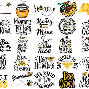 Op de afbeelding: Een verzameling van 20 bij-themaontwerpen met verschillende spreuken, waaronder "Just Bee Kind", "Mommy To Bee", "Honey Bee Mine", "Bee Sweet", "Bee Cool", "Bee Nice or Leave", "One Sweet Bee Girl", "Bee Humble", "Bee Strong", "Bee My Valentine", "Let it Bee", "Bumblebee", "Bee Kind To Everyone", en "Bee Cool".