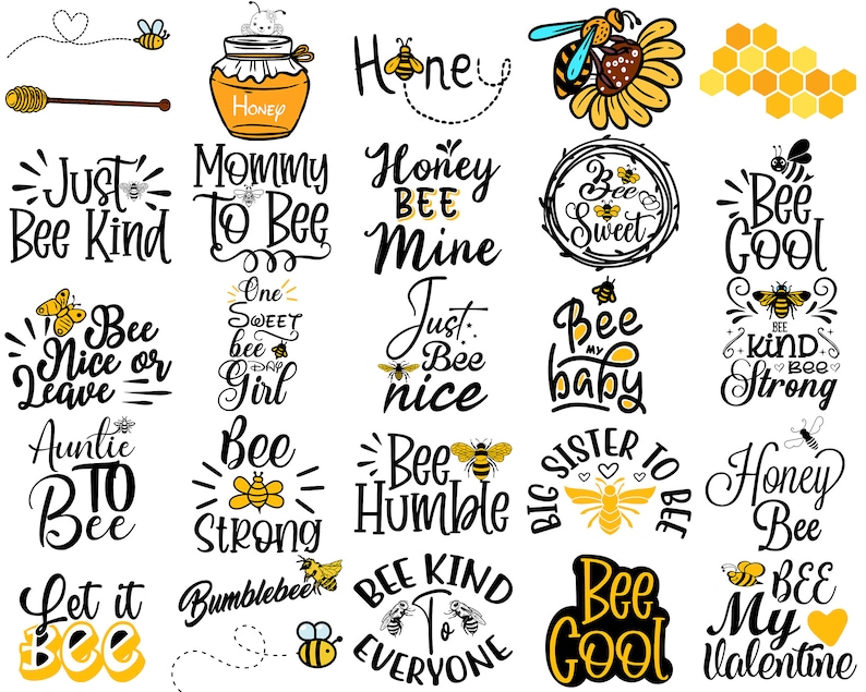 Op de afbeelding: Een verzameling van 20 bij-themaontwerpen met verschillende spreuken, waaronder "Just Bee Kind", "Mommy To Bee", "Honey Bee Mine", "Bee Sweet", "Bee Cool", "Bee Nice or Leave", "One Sweet Bee Girl", "Bee Humble", "Bee Strong", "Bee My Valentine", "Let it Bee", "Bumblebee", "Bee Kind To Everyone", en "Bee Cool".
