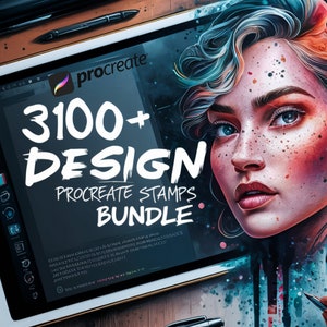 May include: A digital tablet displaying a graphic design bundle for Procreate with over 300 stamps. The text "3100+ DESIGN PROCREATE STAMPS BUNDLE" is displayed on the screen. The tablet is on a wooden surface with a stylus pen.