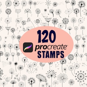 May include: 120 Procreate stamps featuring black and white illustrations of dandelion seeds in various stages of dispersal. The stamps are designed for use with the Procreate app.