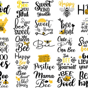 Op de afbeelding: Een verzameling van 20 bij-thema citaten en spreuken in zwarte en gele tekst op een witte achtergrond. De citaten omvatten zinnen als "Bee Kind", "Sweet as Honey", en "Bee Happy".