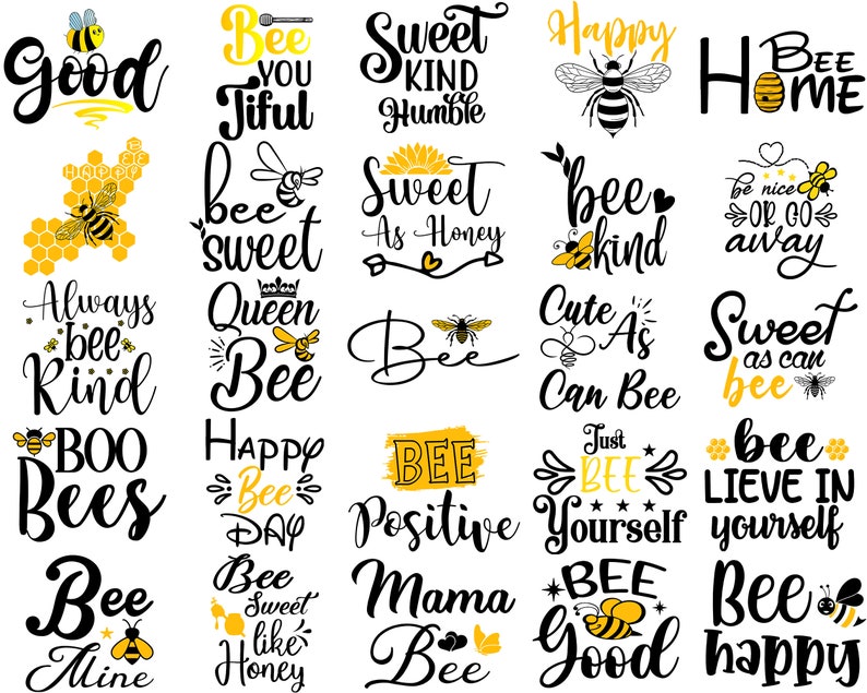 Op de afbeelding: Een verzameling van 20 bij-thema citaten en spreuken in zwarte en gele tekst op een witte achtergrond. De citaten omvatten zinnen als "Bee Kind", "Sweet as Honey", en "Bee Happy".