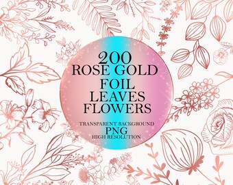 Rose Gold Foil Leaves & Flowers PNG Clipart Bundle