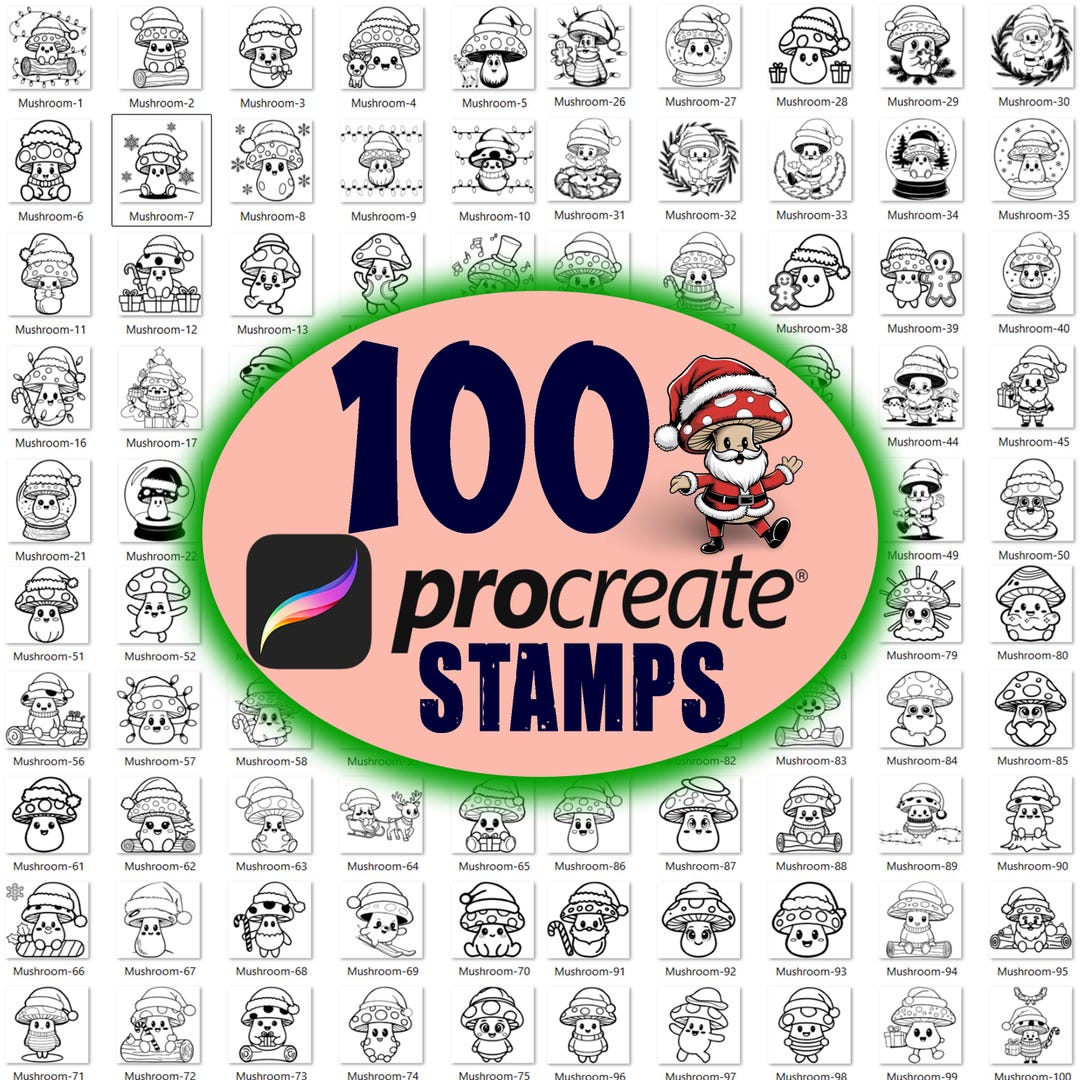 100 Christmas Mushroom Procreate Stamps, Cute Doodle Brushset - Etsy