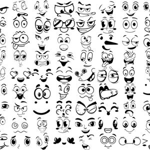 Peut inclure: Une collection de visages de dessins anim&eacute;s en noir et blanc avec diverses expressions, notamment joyeuses, tristes, en col&egrave;re, surprises et confuses. Les visages sont dessin&eacute;s dans un style simple et fantaisiste.