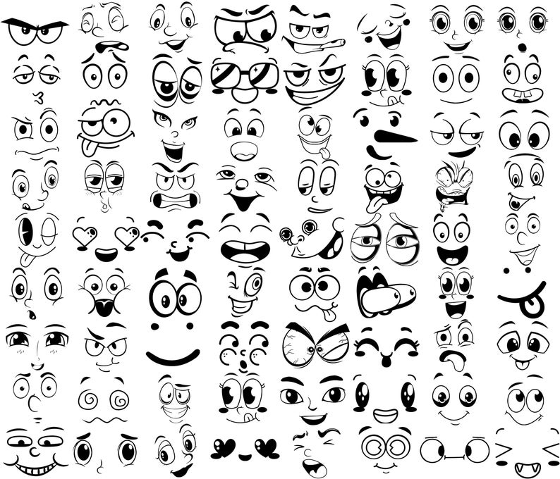 Peut inclure: Une collection de visages de dessins anim&eacute;s en noir et blanc avec diverses expressions, notamment joyeuses, tristes, en col&egrave;re, surprises et confuses. Les visages sont dessin&eacute;s dans un style simple et fantaisiste.