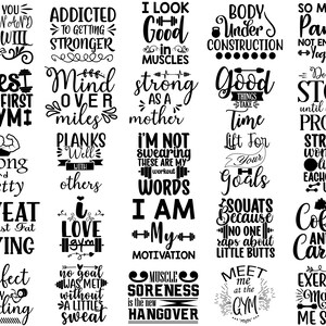 May include: A black and white graphic design with 25 different motivational quotes about fitness and working out. The quotes include phrases like "I love gym", "Strong and Pretty", "Sweat is just fat crying", "Coffee and Cardio", and "Exercise makes me salty".
