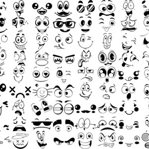 Peut inclure: Une collection de visages de dessins anim&eacute;s en noir et blanc avec diverses expressions, notamment joyeuses, tristes, surprises et en col&egrave;re. Les visages sont dessin&eacute;s dans un style simple et fantaisiste et sont parfaits pour ajouter une touche de fun &agrave; n'importe quel projet.