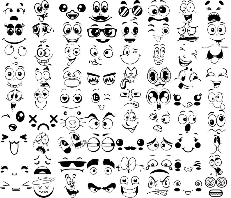 Peut inclure: Une collection de visages de dessins anim&eacute;s en noir et blanc avec diverses expressions, notamment joyeuses, tristes, surprises et en col&egrave;re. Les visages sont dessin&eacute;s dans un style simple et fantaisiste et sont parfaits pour ajouter une touche de fun &agrave; n'importe quel projet.