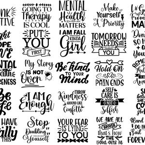 Może przedstawiać: Czarno-biały projekt graficzny z inspirującymi cytatami i frazami. Cytaty obejmują "Myśl pozytywnie", "Świadomość zdrowia psychicznego", "Bądź bezpieczny", "Masz to", "Chodzenie na terapię jest fajne", "Stawiaj siebie na pierwszym miejscu", "Jestem trochę zakochana", "Jutro potrzebuje ciebie", "Moja historia się nie skończyła", "Bądź miły dla swojego umysłu", "Trzymaj się, b&oacute;l się skończy", "Dbanie o siebie nie jest egoistyczne", "Rzucaj dobrocią jak konfetti", "Jestem wystarczająca", "Przestań wątpić w siebie", "Tw&oacute;j strach kłamie", "Wszyscy jesteśmy złamani, tak wchodzi światło", "Nie bądź dla siebie taki surowy", "Pamiętaj, że jesteś niesamowita", "Wierzyła, że ​​może, więc to zrobiła", "Trudne czasy nie trwają wiecznie", "Mam to od mojej mamy".