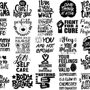 Może przedstawiać: Czarno-biały projekt graficzny z inspirującymi cytatami i frazami. Cytaty obejmują "Przełam stygmatyzację", "Hej, mogę ci pom&oacute;c?", "Kocham cię, bez względu na wszystko", "Myśl o jednej rzeczy na raz", "W porządku jest być zmęczonym", "Zdrowy umysł, szczęśliwe życie", "Doskonale niedoskonały", "Zdrowie psychiczne zaczyna się ode mnie", "Walcz o lekarstwo", "Postęp ponad perfekcją", "Profilaktyka wypalenia zawodowego u matek", "Pielęgniarka zdrowia psychicznego Każdy dzień to przygoda", "Nie jesteś zepsuty", "Hej, masz znaczenie", "Spos&oacute;b, w jaki m&oacute;wisz o sobie, ma znaczenie", "Bądź miły dla siebie", "Zadbaj o siebie", "Niekt&oacute;re rany są niewidoczne", "Twoje uczucia są ważne", "Daj sobie czas", "Przestań oddychać, bądź", "Pozytywność ciała", "Kiedy nic nie idzie dobrze, idź w lewo", "Depresja to wada chemii, a nie charakteru", "Zapobiegaj wypaleniu zawodowemu u matek".