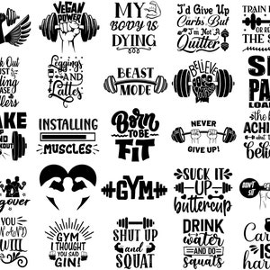 May include: Black and white graphic design illustrations with motivational quotes about fitness and working out.  Quotes include "Vegan Power", "My Body is Dying", "Beast Mode", "Born to be Fit", "Installing Muscles", "Wake Up and Workout", "Six Pack Loading", "The Body Achieves What the Mind Believes", "Never Give Up", "Suck It Up Buttercup", "Gym", "Shut Up and Squat", "Drink Water and Do Squats", "Cardio is Hardio", "Believe You Can and You Will", "Gym I Thought You Said Gin!" and "I'd Give Up Carbs But I'm Not a Quitter!"