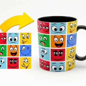 Peut inclure: Une tasse &agrave; caf&eacute; noire avec un fond blanc et un motif color&eacute; de diff&eacute;rents visages de dessins anim&eacute;s. Les visages ont tous des expressions diff&eacute;rentes, y compris heureux, triste, en col&egrave;re et surpris.