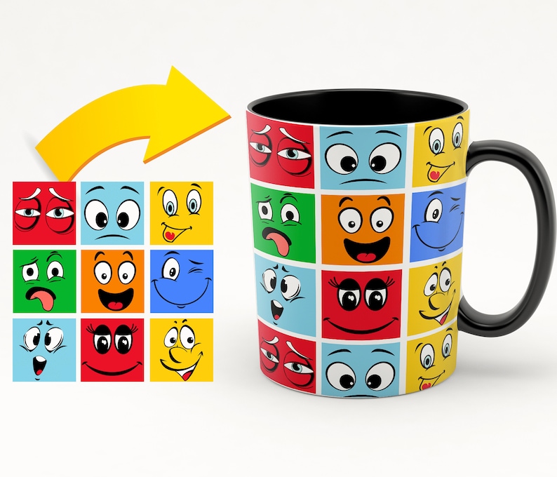 Peut inclure: Une tasse &agrave; caf&eacute; noire avec un fond blanc et un motif color&eacute; de diff&eacute;rents visages de dessins anim&eacute;s. Les visages ont tous des expressions diff&eacute;rentes, y compris heureux, triste, en col&egrave;re et surpris.