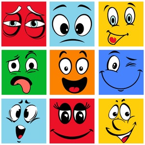 Peut inclure: Neuf visages de dessins anim&eacute;s color&eacute;s avec diff&eacute;rentes expressions, notamment heureux, triste, surpris et confus. Chaque visage est plac&eacute; sur un fond de couleur contrast&eacute;e.