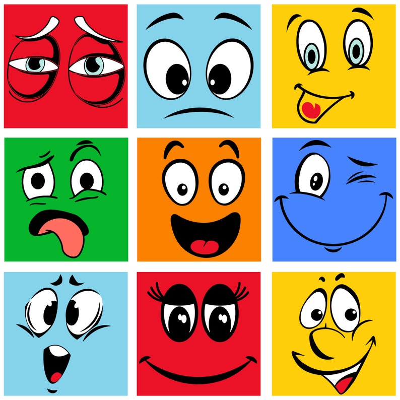 Peut inclure: Neuf visages de dessins anim&eacute;s color&eacute;s avec diff&eacute;rentes expressions, notamment heureux, triste, surpris et confus. Chaque visage est plac&eacute; sur un fond de couleur contrast&eacute;e.