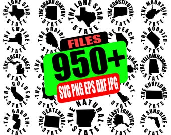 Op de afbeelding: Zwart-wit grafisch ontwerp van staatsgrenzen met tekst rond elke staat. De tekst bevat de naam van de staat en een beschrijvende zin. De tekst "FILES 950+ SVG PNG EPS DXF JPG" staat in het midden van de afbeelding.