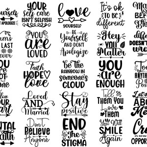 Może przedstawiać: Czarno-biały projekt graficzny z inspirującymi cytatami i frazami. Cytaty obejmują "Bądź sobą", "Jesteś kochany", "Jesteś wystarczający", "Zachowaj pozytywne nastawienie", "Zdrowie psychiczne" i "Kryzys to twoja nowa szansa".